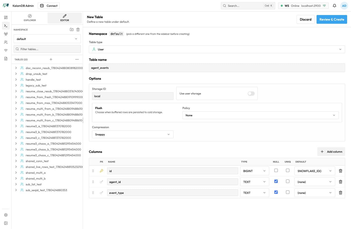 KalamDB Admin UI table editor showing a new agent_events table with id, agent_id, and event_type fields