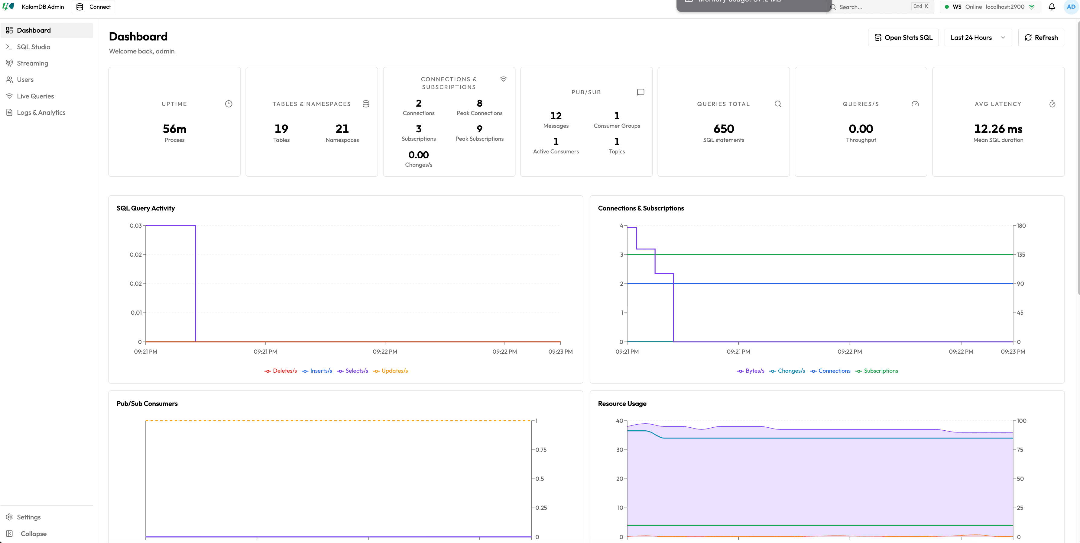 KalamDB Admin UI dashboard showing server health, active activity, and operational summary panels