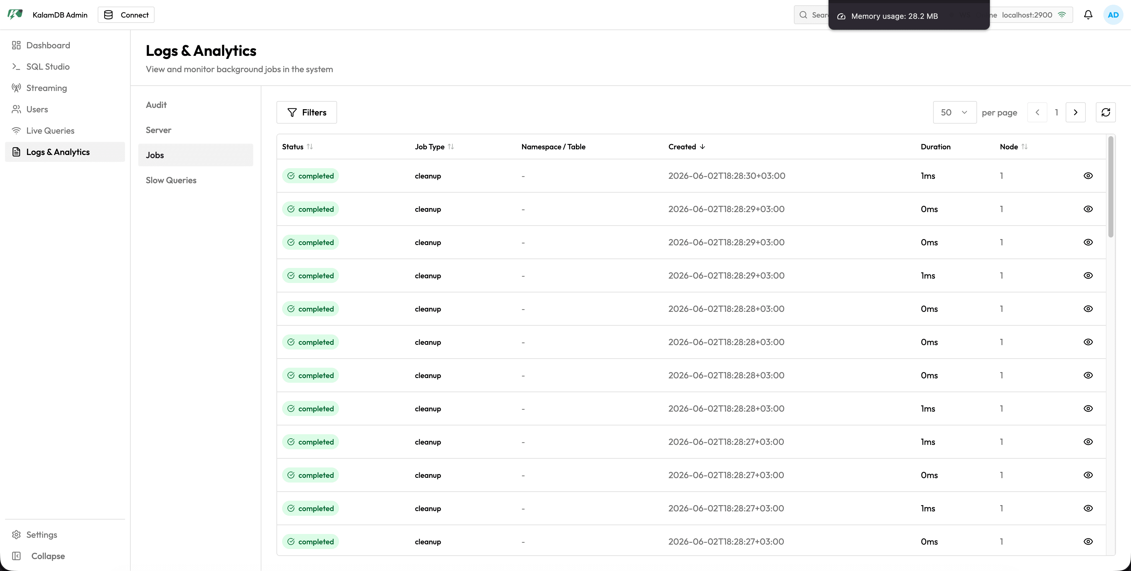 KalamDB Admin UI Jobs page showing background jobs, maintenance tasks, and recent job status