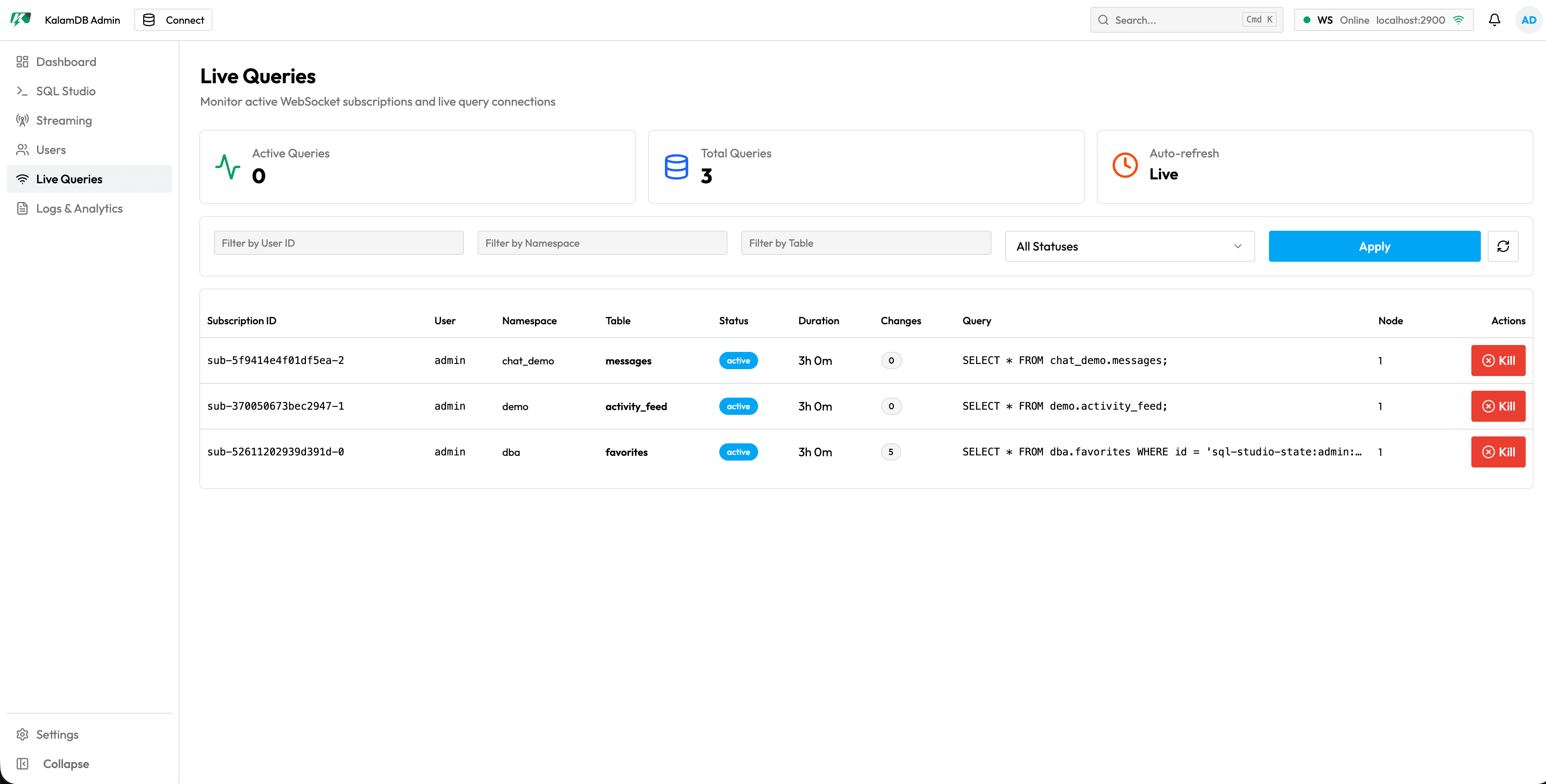 KalamDB Admin UI Live Queries page showing active subscriptions and realtime query monitoring