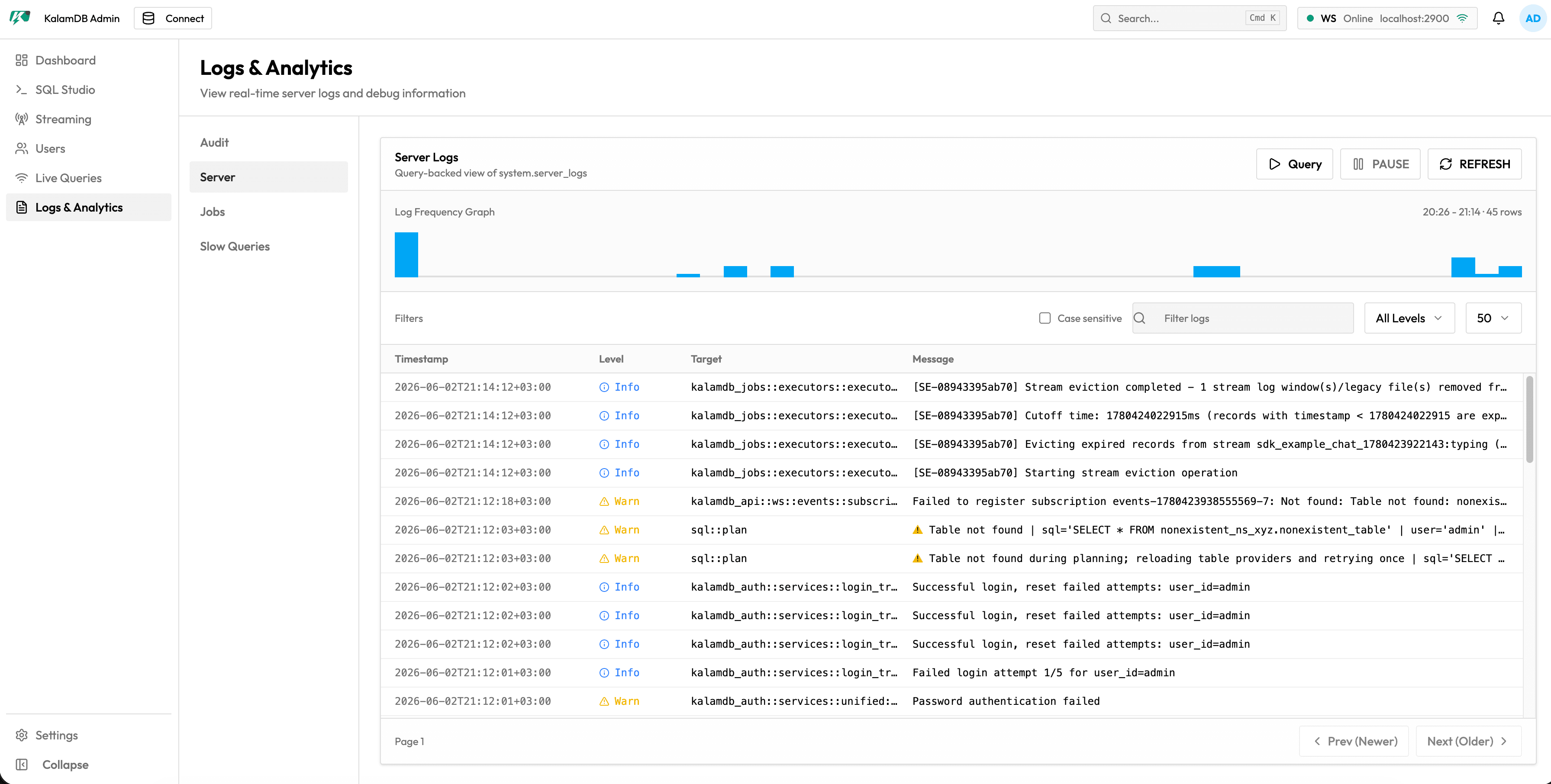 KalamDB Admin UI Logging page showing server events and operational log entries