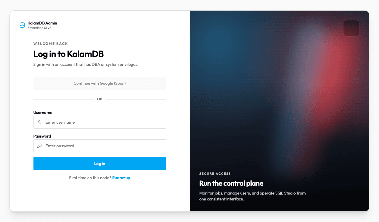 KalamDB Admin UI login screen with local credentials and external identity provider sign-in options