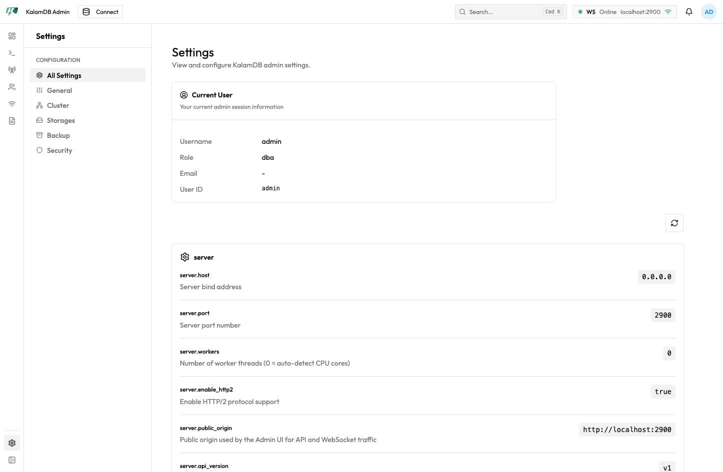 KalamDB Admin UI Settings page showing current user details, settings sections, and server runtime configuration