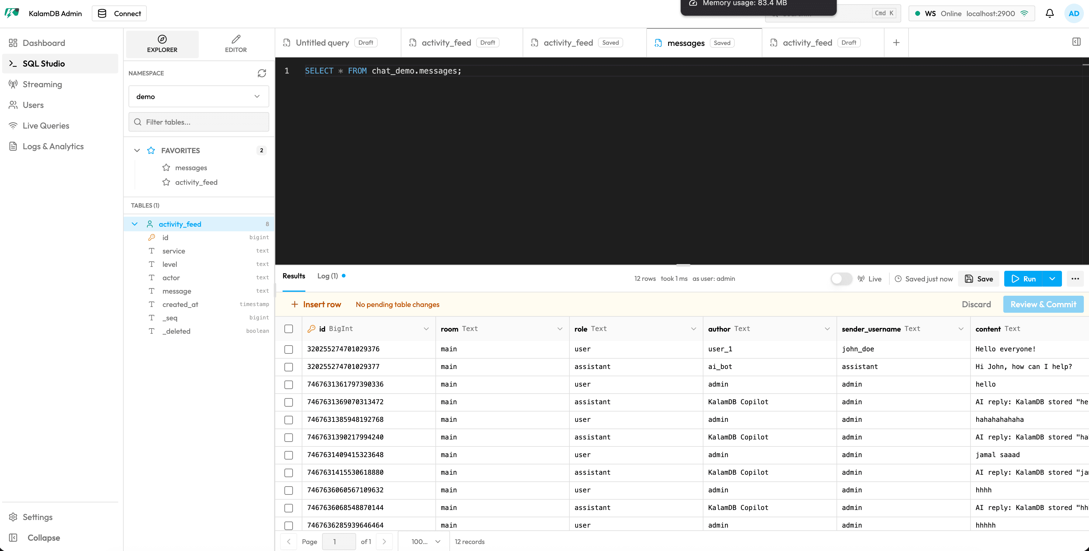 KalamDB SQL Studio with namespace explorer, table metadata, SQL editor, and navigation sidebar