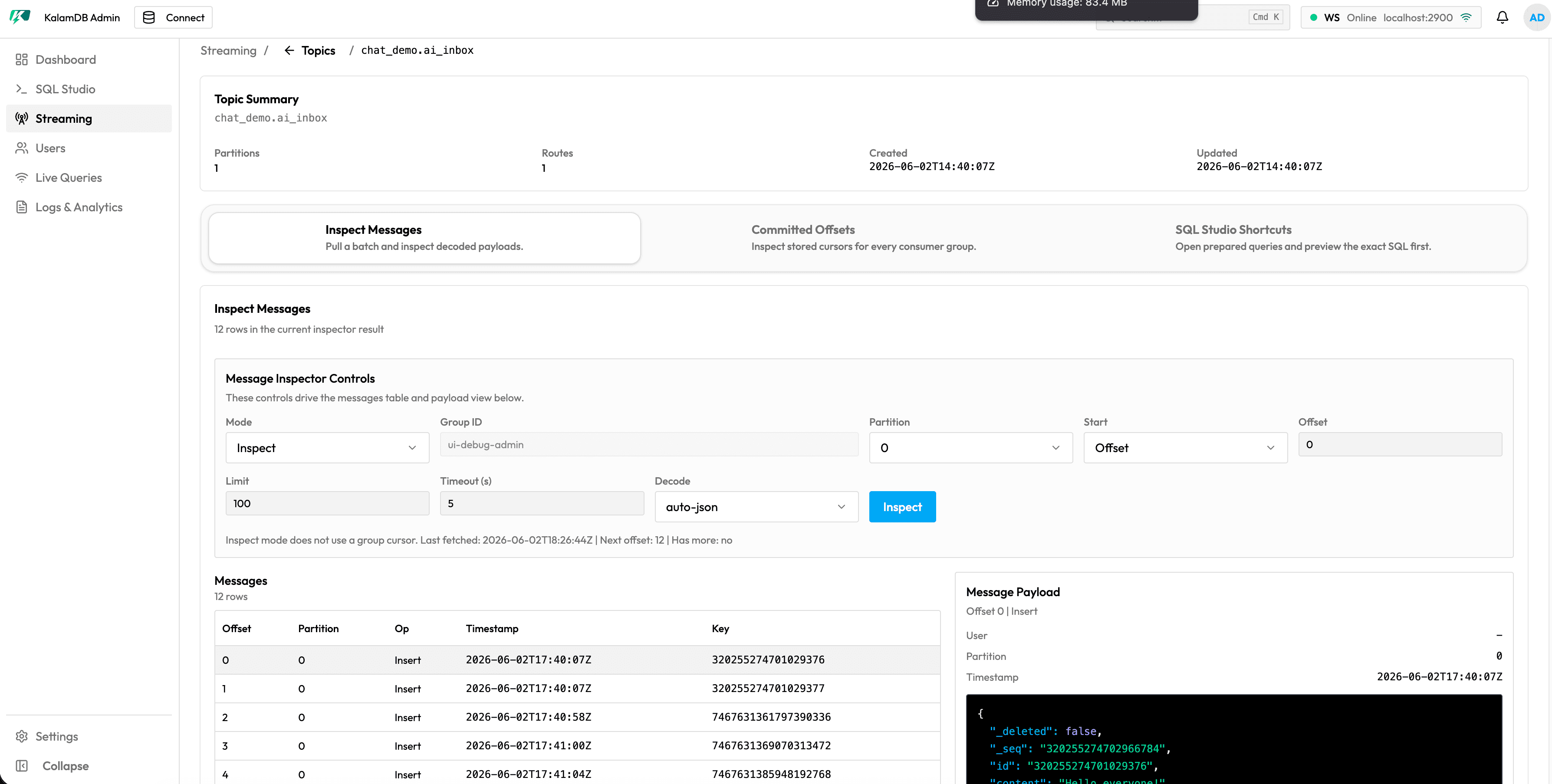 KalamDB Admin UI Streaming page showing topic activity and stream monitoring details