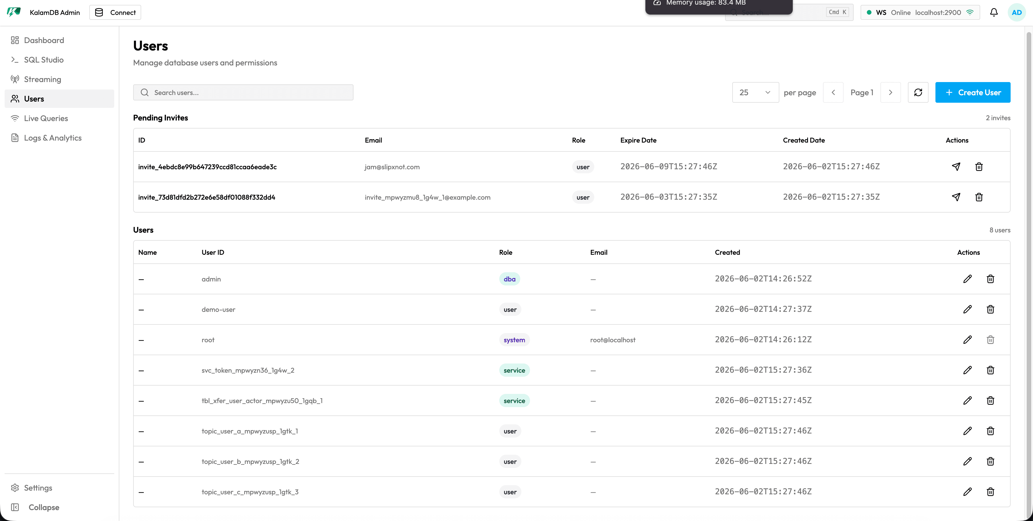 KalamDB Admin UI Users page showing user identities, roles, and account management details