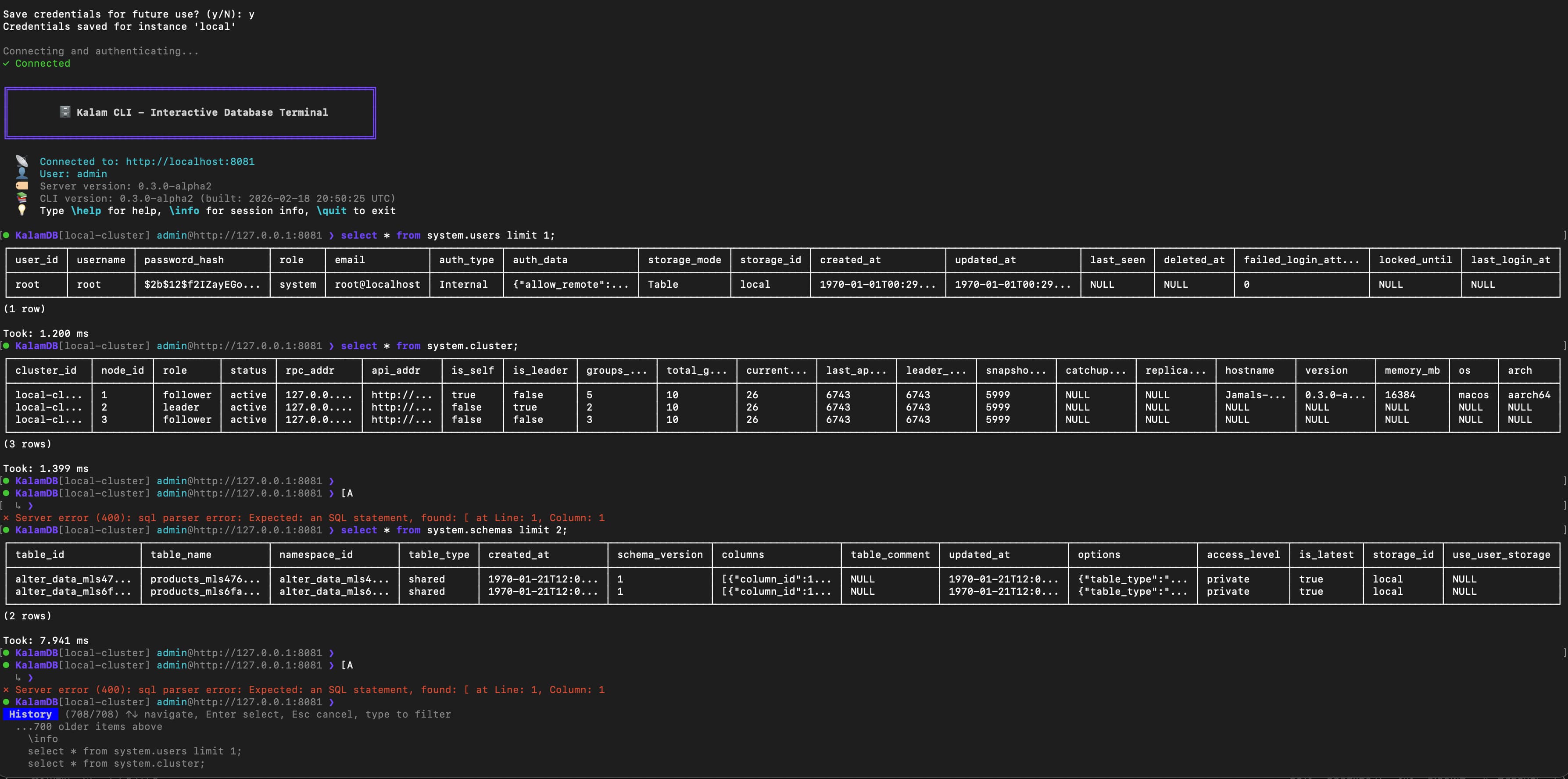 Kalam CLI project workflow running in a terminal